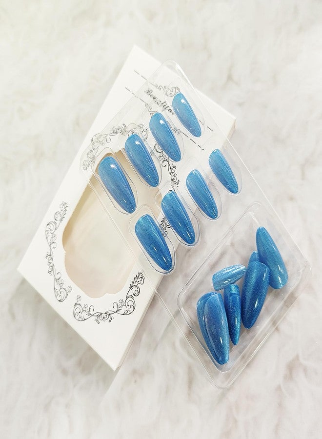 KKUUOO Blue Press on Nails Almond Fake Nails Gradient Acrylic Nails with Glitter Full Cover False Nails Glossy Stick on Nails Reusable Artificial Nails Jelly Press on Nails for Women Girls - Image 4